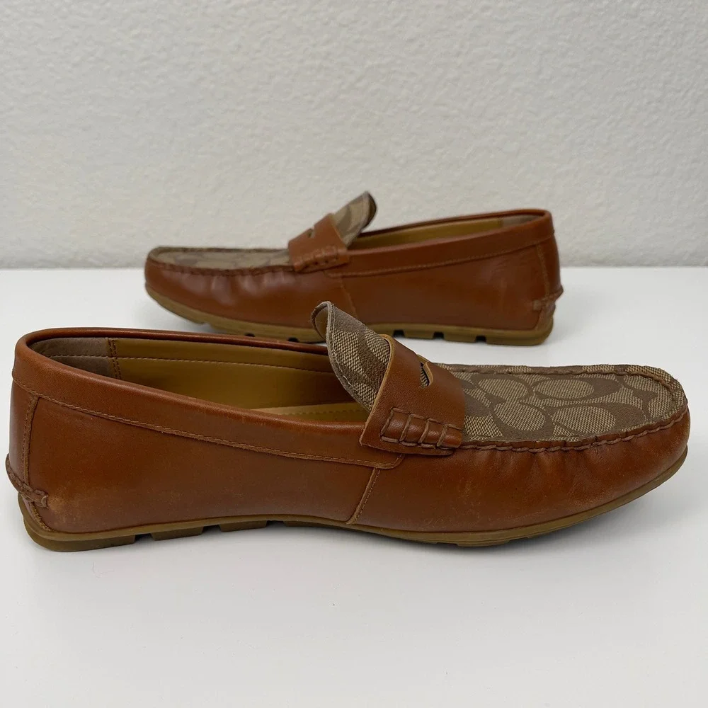 COACH Mott‎ Driver Loafers Khaki Brown Signature Jacquard Leather Mens 7D Career